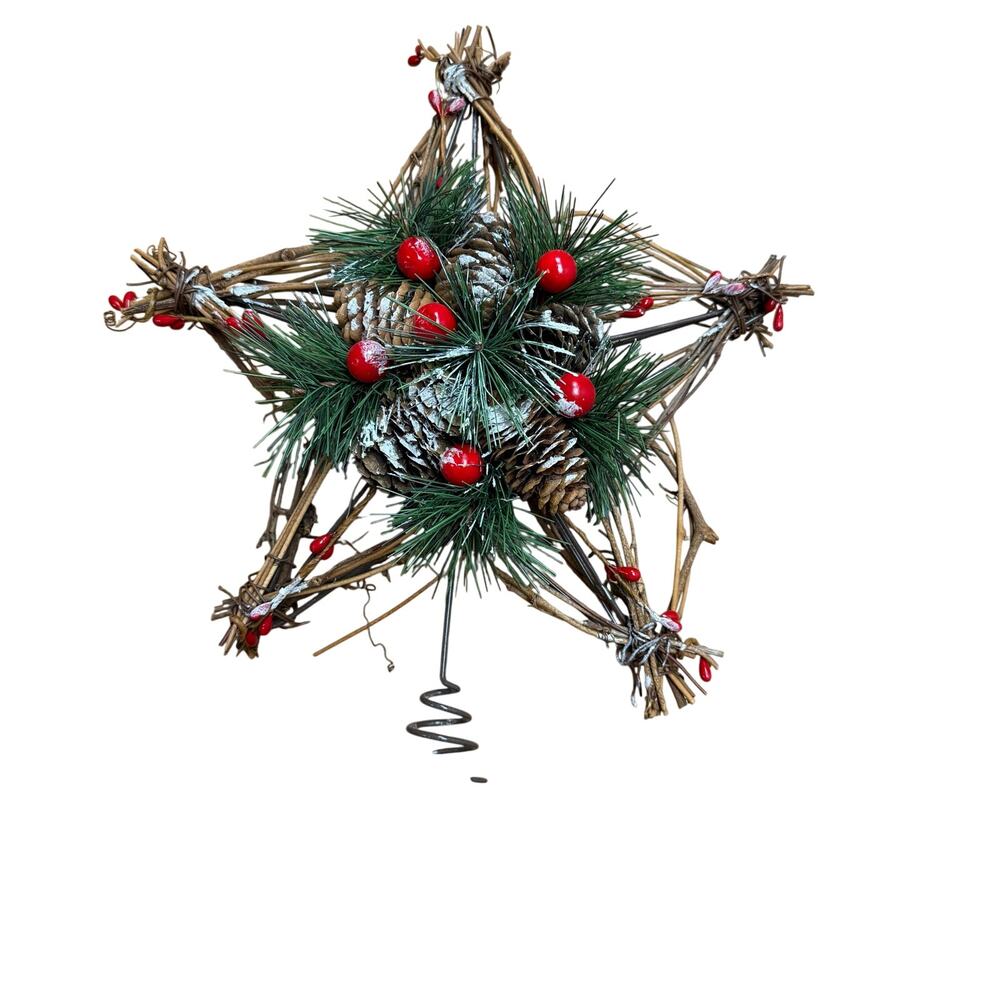 Rustic Rattan Star Christmas Tree Topper Pinecones & Berries Farmhouse Decor EUC